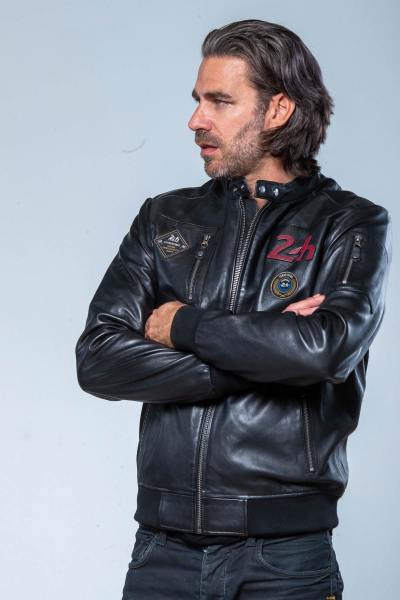 Blouson en cuir noir col motard 24h Le Mans