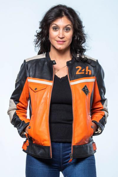 Cazadora de piel con cuello biker naranja, negro y crudo