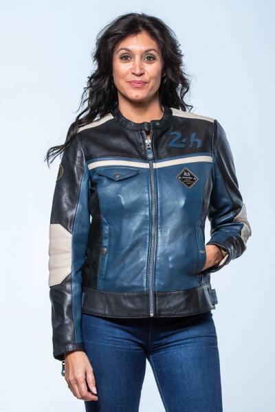 Blouson en cuir col motard bleu royal, noir et écru