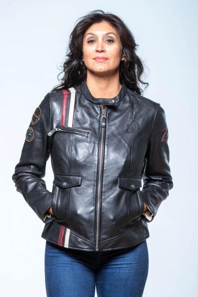 Blouson en cuir noir col motard avec bandes racing