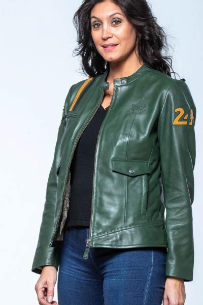 Grüne Lederjacke mit Bikerkragen und Rennstreifen