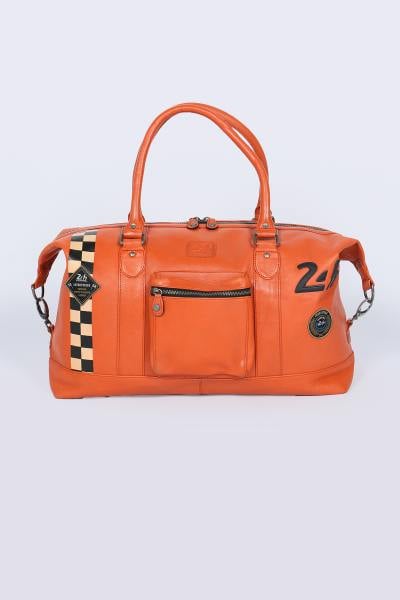 Reisetasche aus orangefarbenem Leder mit Racing-Schachbrettmuster