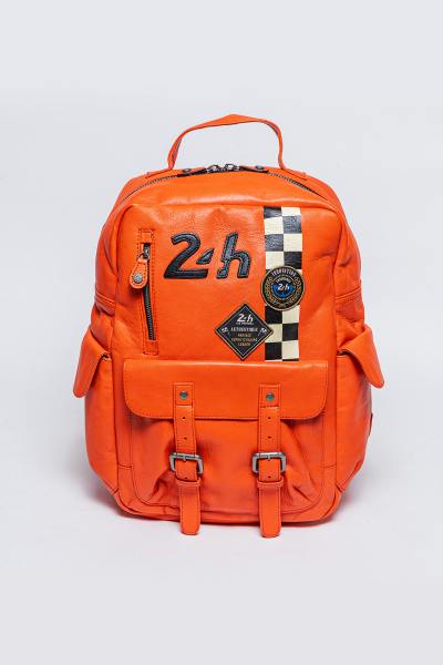 Sac à dos en cuir racing orange avec damier