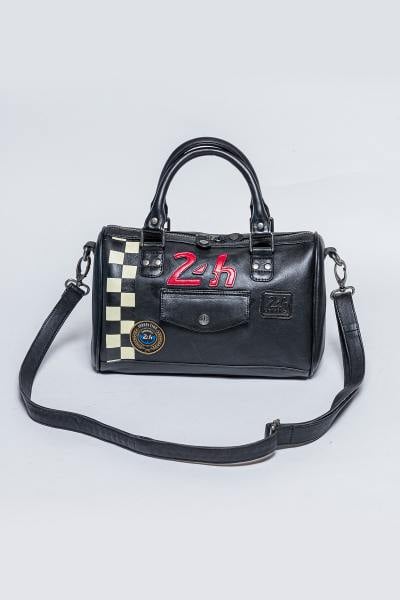 Schwarze Rennsport-Lederhandtasche mit Schachbrettmuster