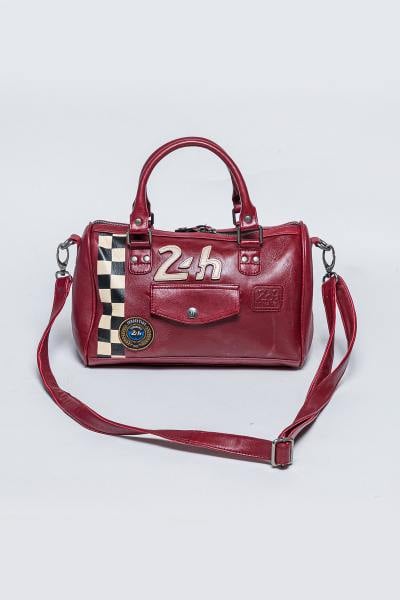 Borsa a mano racing in pelle rosso scuro con motivo a scacchiera