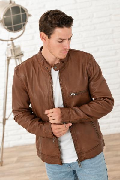 Blouson en cuir col motard couleur tan