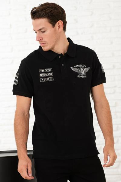 Schwarzes Baumwoll-Poloshirt mit weißen Aufnähern