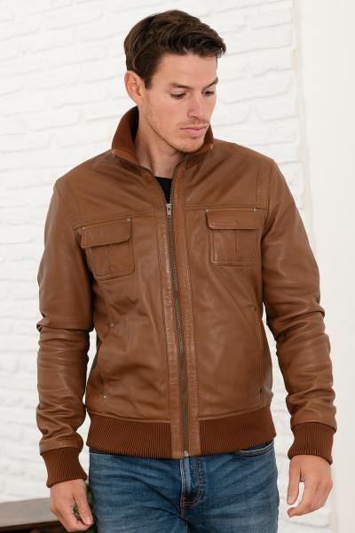 Chaqueta de cuero bomber coñac