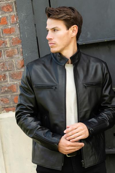 Blouson en cuir motard noir complet épuré