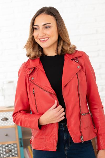 Feuerrote Lederjacke mit asymmetrischem Kragen für Damen