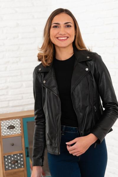 Blouson en cuir col asymétrique noir pour femme