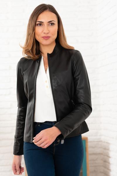 Blouson en cuir à col mao noir