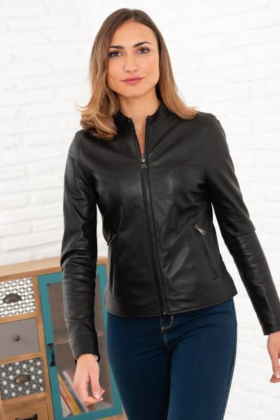 Blouson en cuir à col mao noir