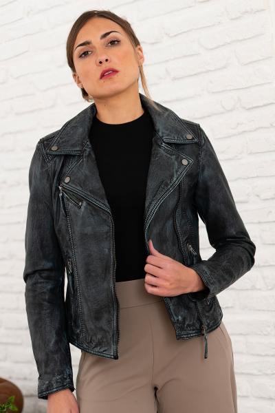 Chaqueta de cuero azul denim desgastada con cuello asimétrico para mujer