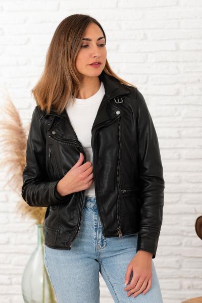 Blouson en cuir col asymétrique noir pour femme