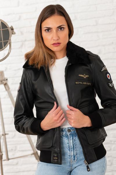 Schwarze RAF-Lederbomberjacke für Damen