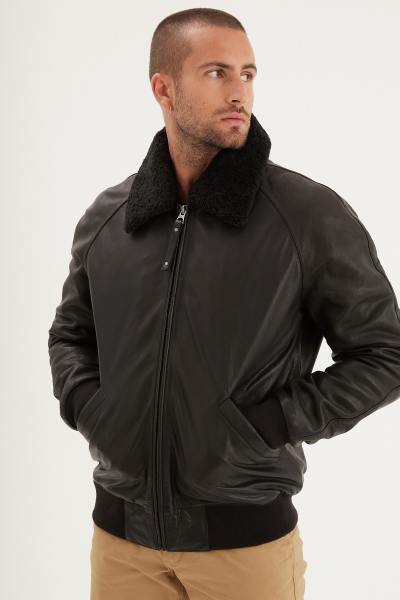 Blouson aviateur en cuir épais noir col fourrure