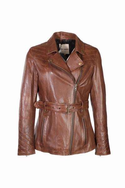 Veste en cuir bison avec ceinture et zip asymétrique