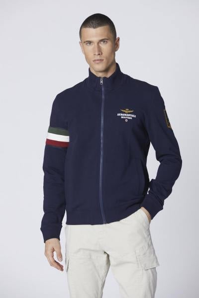 Sweat zippé en coton bleu foncé avec insert tricolore