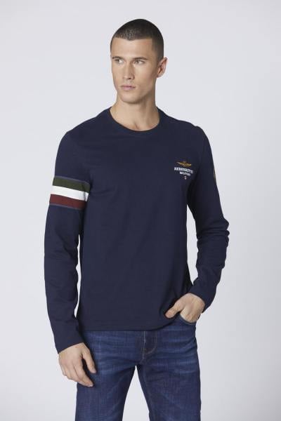 T-shirt blu scuro a maniche lunghe con inserto tricolore