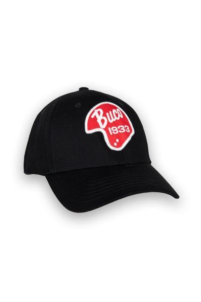 Casquette noire avec logo casque rouge et blanc