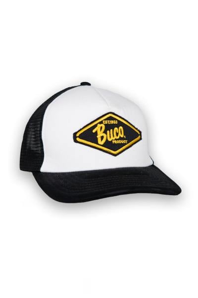 Casquette trucker blanche et noire logo diamant noir et jaune