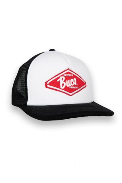 Casquette trucker blanche et noire logo diamant rouge et blanc