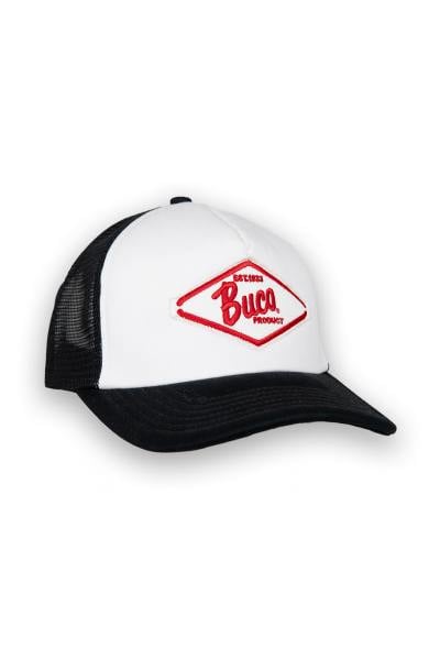 Casquette trucker blanche et noire logo diamant blanc et rouge