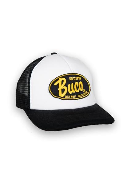 Casquette trucker blanche et noire logo noir et jaune