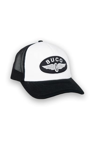 Casquette trucker blanche et noire logo roue ailée noir et blanc