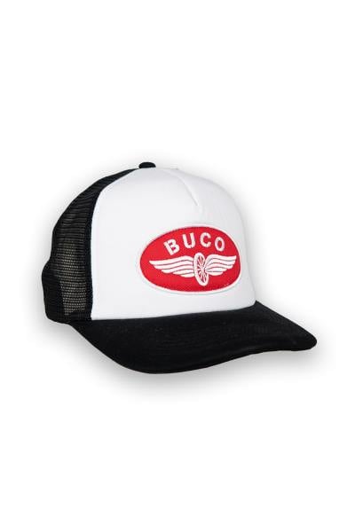 Casquette trucker blanche et noire logo roue ailée rouge et blanc