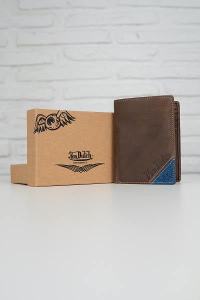 Portefeuille en cuir marron avec coin en denim