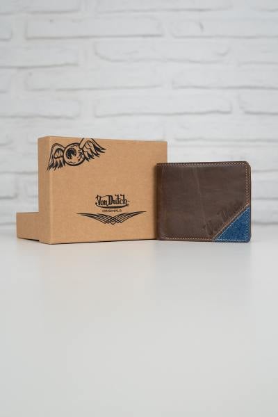 Porte-monnaie en cuir marron avec coin en denim