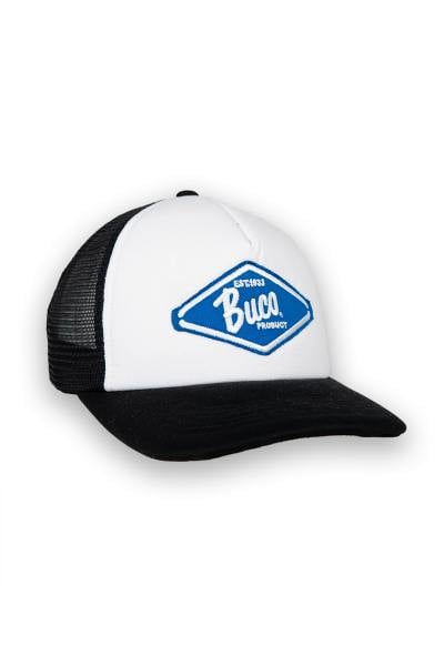 Casquette trucker blanche et noire logo diamant bleu et blanc