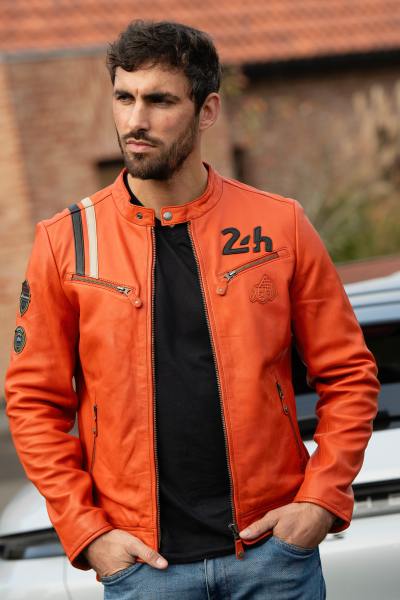 Chaqueta de carreras de cuero naranja 24h Le Mans