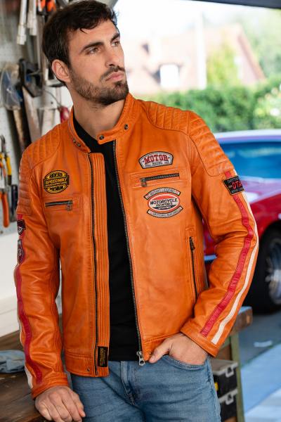 Chaqueta de cuero racing vintage naranja