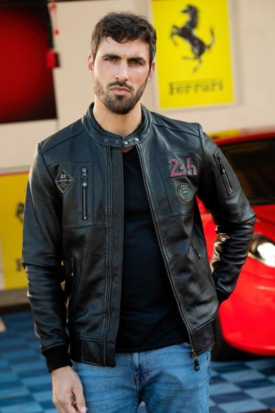 Blouson en cuir noir col motard 24h Le Mans