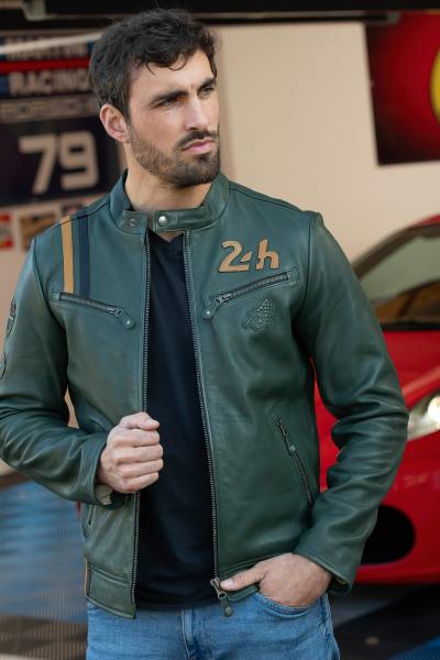 Chaqueta de carreras de cuero verde 24h Le Mans