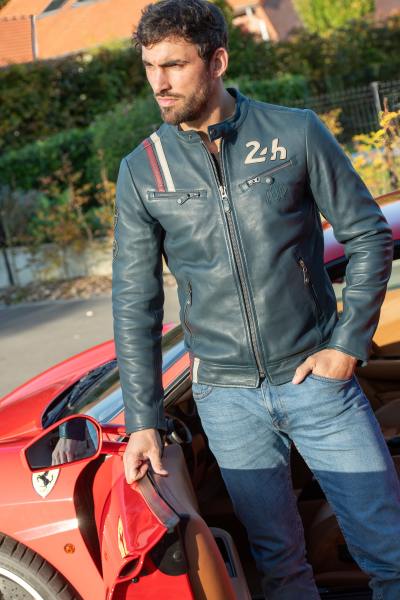 Blouson racing en cuir bleu royal 24h Le Mans