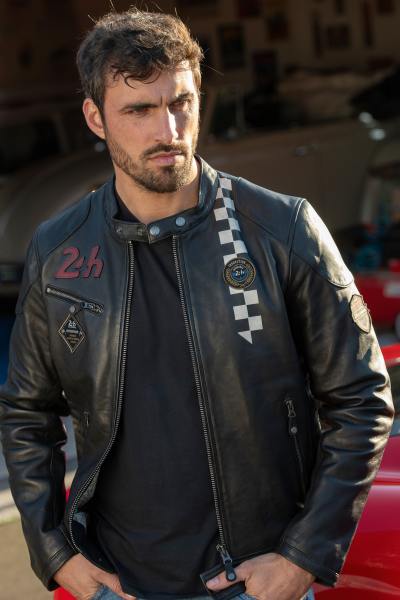 Blouson en cuir noir avec bande racing