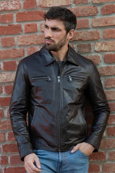 Blouson col chemise en cuir de buffle marron foncé