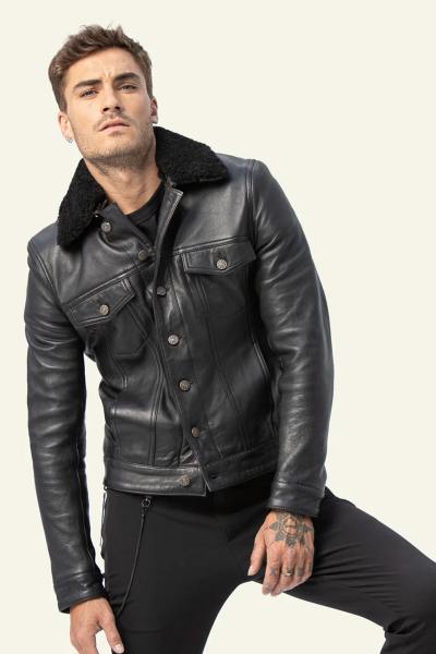 Blouson trucker en cuir noir avec col fourrure amovible