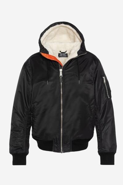 Bomber à capuche noir doublé sherpa en nylon recyclé