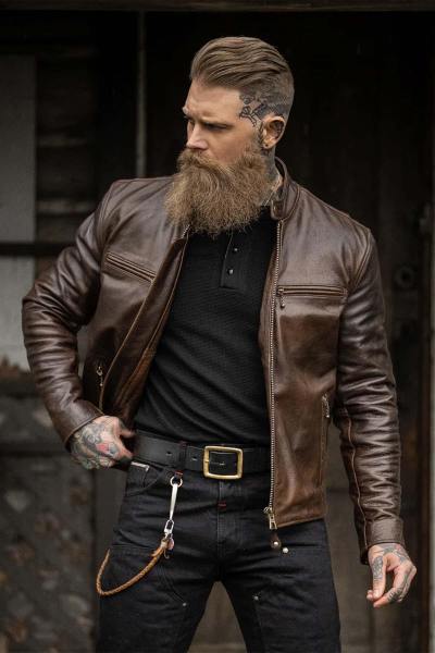 Blouson en cuir de qualité col motard vintage