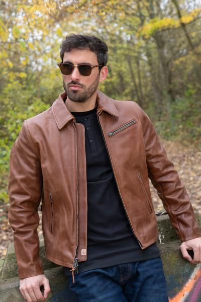 Blouson en cuir de cheval col chemise couleur cognac