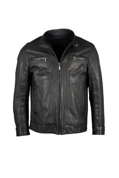 Blouson col rond tendance en cuir de mouton