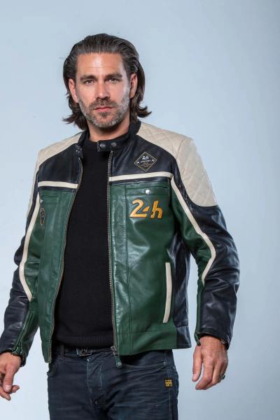 Giacca in pelle con colletto da motociclista verde, bianco e nero