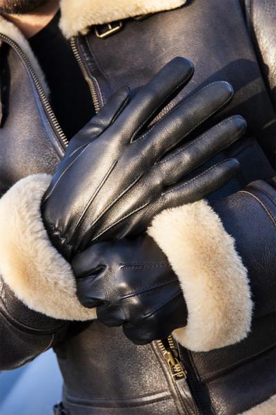 Gants en cuir noir doublure polaire et élastique en laine