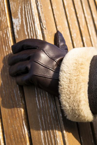 Gants en cuir brun doublure polaire et élastique en laine