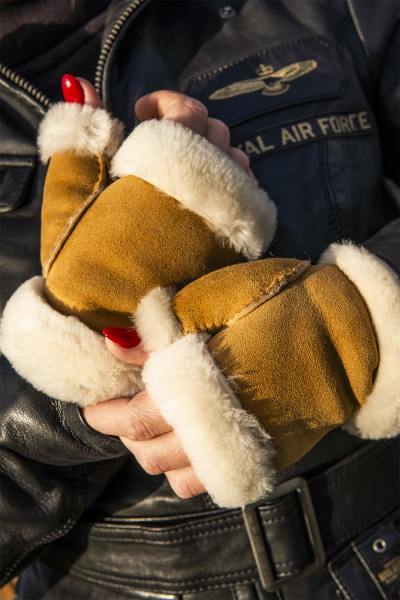 Gants en cuir mitaines camel doublées shearling